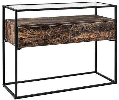 Beliani Tavolo consolle moderno piano in vetro struttura in metallo con 2 cassetti in legno scuro