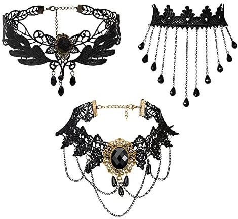 Flongo 3 Stück Punk-Choker-Halskette aus Spitze für Damen und Mädchen, schwarz, 33 cm