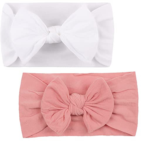 2 × Haarbänder für Neugeborene, weiche Schleifen, 6–12 Monate (Rosa und Weiß)