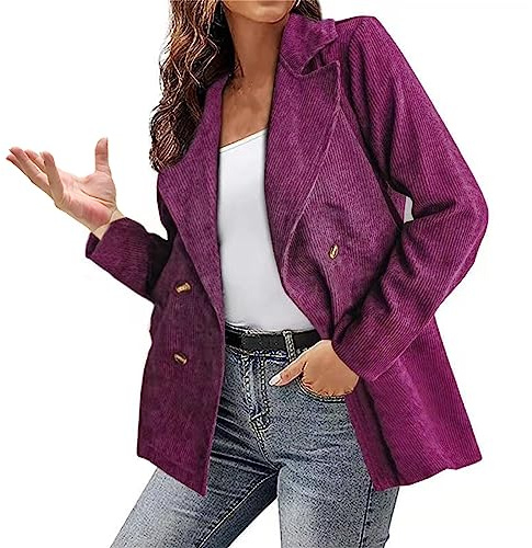 L9WEI Blazer Elegante para Mujer, Chaqueta de Pana Monocolor, Solapa de Negocios, Retro, Oficina, Botones, Vintage, Cálida para Otoño, Rojo, XXL