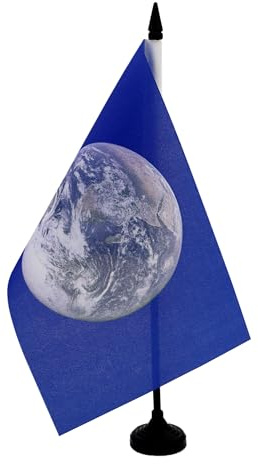 AZ FLAG Drapeau de Table Planète Terre 21x14 cm Socle Plastique | Usage intérieur Drapeau de bureau terrien finition cousue et bords renforcés avec mât en plastique et socle en plastique