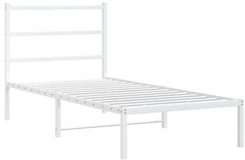 vidaXL Bettgestell, Bettrahmen mit Lattenrost, Bett Gästebett mit Kopfteil, Metallbett Einzelbett Schlafzimmerbett, Weiß 90x200cm Metall