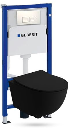 Lavita Duofix Basic Élément mural + cuvette WC murale Brava noir sans bord + abattant de WC avec système d'abaissement automatique + panneau de commande Delta 25 bouton blanc - Kit complet encastré