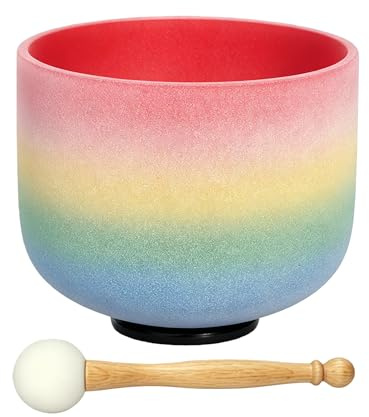 TRAYAYA 528hz C Note Root Chakra 8 Zoll Klangschale with mallet | Frosted Quartz Crystal Singing Bowl Rainbow Color