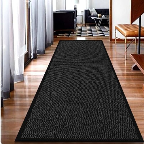 Fit Even Dirt Trapper Door Mat for Indoor - Heavy Duty Non Slip Rubber Backing Front Door Mat Runner Rug for Hallways Waterproof Kitchen Floor Mat Black - 60 x 180 cm