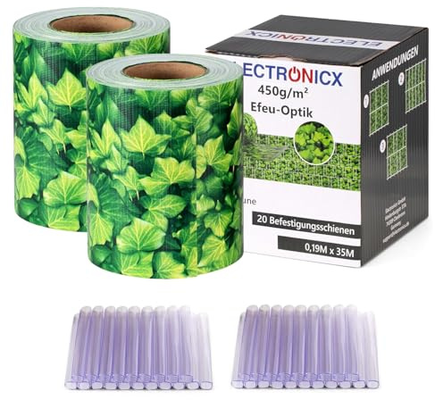 Electronicx PVC Sichtschutzstreifen für Gartenzaun - Efeu, 70m (2 x 35m) x 19cm, Hochwertige 450g/m² UV-beständige Sichtschutzmatten, Außenbereich Sichtschutz mit 40 Clips