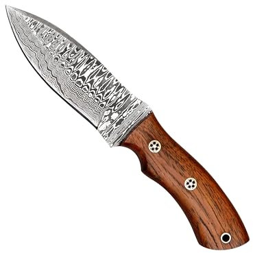 John Moses 25 cm Handgefertigtes Damaskus-Jagdmesser mit Lederscheide - Ideal zum Häuten, Camping, Outdoor - EDC Fixed Blade Messer mit Walnussholzgriff
