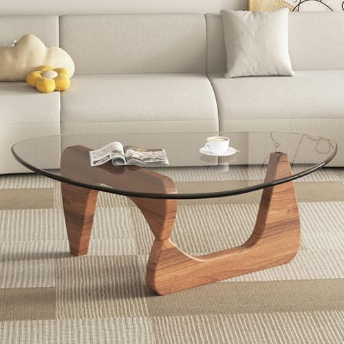 EASYSOUL Modern Glass Coffee Table, 32.68 D x 22.44 W x 15.75 H, Abstract Round Tea Tables for Living Room Home Office Industrial Cocktail Tables (Walnut-Clear Glass, 32.68)