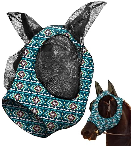 Hästflugmask | 25 x 25 x 3 cm tjock fleece vadderad sköld | UV-skydd och andningsbart nätskydd | Andningsbart ansiktslock med manöppning, ekv