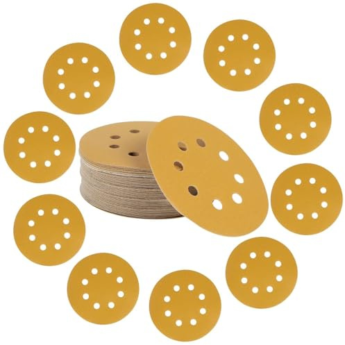 50 Pieces Yellow Sandpaper, 5-Inch 8-Hole Hook and Loop Sanding Discs for Random Orbital Sanders, Available in 60, 80, 120, 150, 180, 240, 320, 400, 600, 800 Grit (60 Grit)