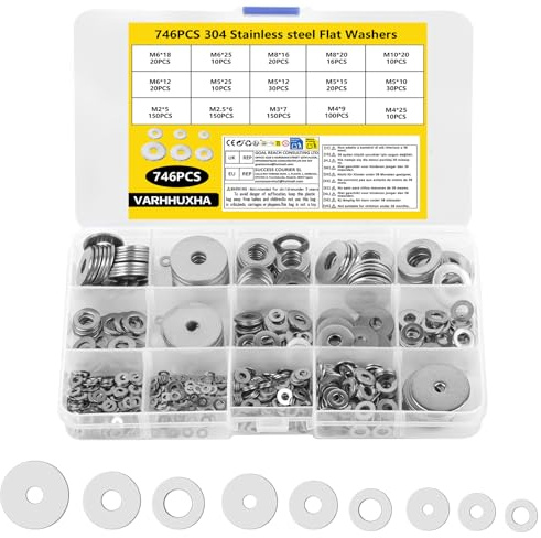 746 Pcs Rondelles Metal, Rondelles Inox, Rondelle de Blocage, Rondelle Plates en Acier Inoxydable pour Vis Boulons et d'écrous M2, M2.5, M3, M4, M5, M6, M8, M10