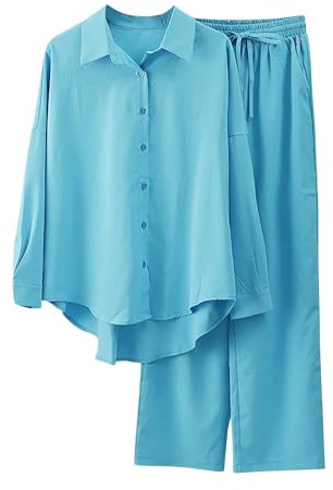 Knapp upp pyjamas för kvinnor bomull dam pyjamasset linne långärmad skjorta med krage bekväma andningsbara pyjamasbyxor med fickor lätta vardagskläder för kvinnor, BLÅ, 5XL