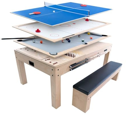 7 in 1 Spieltisch und Esstisch mit Aufbewahrungsbank Eiche Billardtisch Tischtennis Airhockey Schach Shuffleboard Partyunterhaltung Home Office Komplettes Spielset für die ganze Familie mit Zubehör