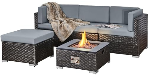 Aweather 4 Seater Corner Rattan Garden Furniture Set with Fire Pit Table, Outdoor Garden Sofa Outdoor Seating, Patio Furniture Set PE Rattan Outdoor Furniture for Garden Patio Conservatory