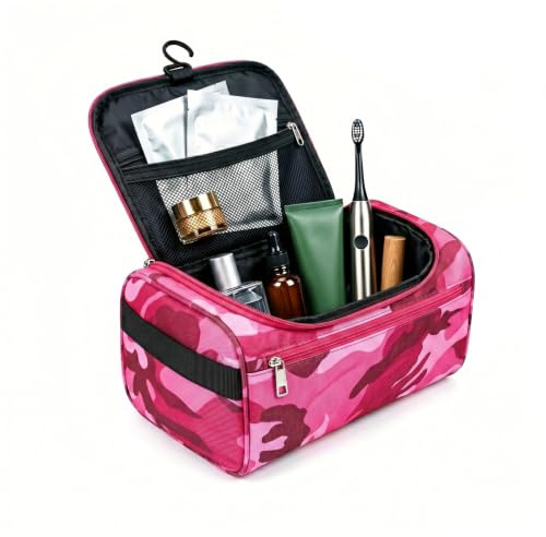 Camouflage Wash Bag for Boys Kids Men Women, Waterproof Toiletry Bag with Hanging Hook, Portable Travel Wash Bag for School Gym Camping Dorm Bathroom Organizer, Blue Camo 1 Pack (Pink M)