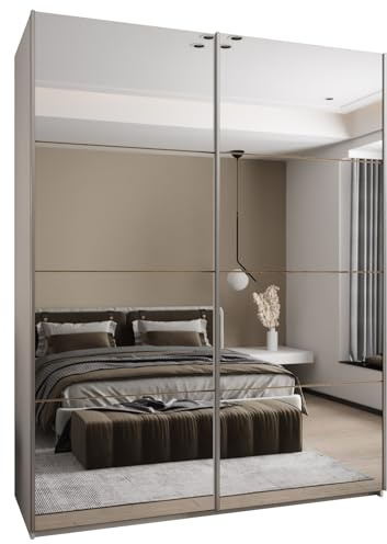 ABIKSMEBLE LUX 2 Armoire à 2 Portes Coulissantes avec Miroir, Fermeture Silencieuse - Système HETTICH Topline L - pour Salon, Chambre à Coucher - 245,5x200x64cm - Blanc, Artisan, Argent