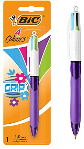 BIC 4 Couleurs Grip Stylo-Bille Rétractable Pointe Moyenne (1,0 mm) - Encres Fantaisie, Blister de 1