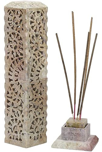 Carry Me Handmade Marble Soapstone Incense Stick Burner | Candle Stick Holder | Tea Light Burner - Perfect Floral Carving for Gifting. Decorative Home and Kitchen Decor (3 x 3 x 11 Inches)