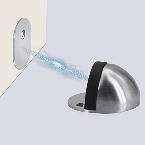 HONZUEN 2 Pack Oval Stainless Steel Magnetic Floor Door Stops with Screws and Glues, Mounted or Self Adhesive Metal Door Stoppers for Floor Bathroom Doorstop with Rubber Bumper Fit Most Door, Silver