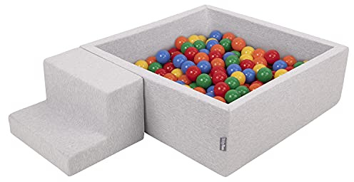KiddyMoon Spielplatz Aus Schaumstoff Mit Quadrat Bällebad (100 Bälle) Ballgruben Für Babys Spielbad Hindernisläufen, Hergestellt In Der EU, Hellgrau:Gelb/Grün/Blau/Rot/Orange