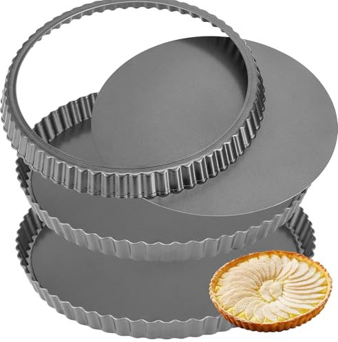 HAKZEON 3 Pack 30 cm Quiche Tart Pan, Non-Stick Fluted Tart Tin with Loose Base for Creating Creamy Chocolate Cheesecakes Tarts Fruit Tart Pies Brownies Quiches, 12 Inch, Grey