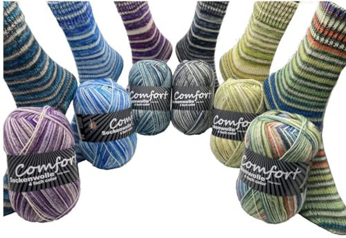 Comfort Wolle Sockenwolle Strumpfwolle Comfort Color 4-fädig – Farbset 6 x 100 g – 420 m Länge – mehrfarbig bunter Farbverlauf Sockengarn-Set 02
