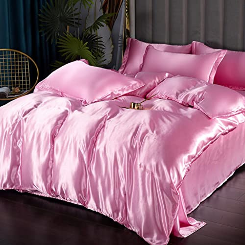 Feelyou Silk Like Satin Bedding Set Full Luxury Girls Pink Silky Duvet Cover Set Soft Comforter Cover Women Bedroom Decor Chic Luxurious Silky Bedspread Cover Zipper (1 Duvet Cover + 2 Pillow Case)