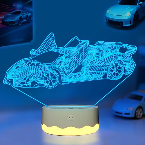 CooPark Car 3D Night Light, LED Racing Illusion Lamp with 16 Color Changing & Remote Control + Timer + Warm White Light, Best Birthday Vehicle Gift for Boys Men Kids