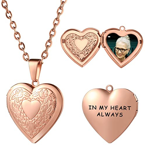 MeMeDIY Personalisierte Schmuckketten für Frauen Kette mit Gravur Herzmedaillon mit Foto Namenskette für Mütter, Edelstahl, Roségold-Muster, 45 cm Chain
