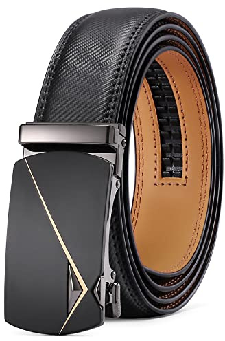 SENDEFN Leather Belt for Men Automatic Ratchet Buckle Slide Dress Casual Belts 1 3/8'' Wide Adjustable Trim to Fit (Black-47)