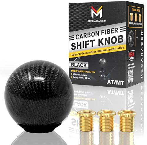 Premium Real Carbon Fiber Black Ball Shift Knob - 3 Metal Threaded Adapters, 4 5 6 Speed Manual & Buttonless Automatic Transmission, Gear Stick Shifter Knobs (M8x1.25, M10x1.25/1.5, Built-In M12x1.25)