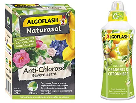 ALGOFLASH NATURASOL Anti-Chlorose Reverdissant Toutes Plantes, 100 g, UAB, BIOCLORO10AN & Engrais Orangers et Citronniers, Bouchon Doseur Inclus, 750 ml, ALIAGR750N