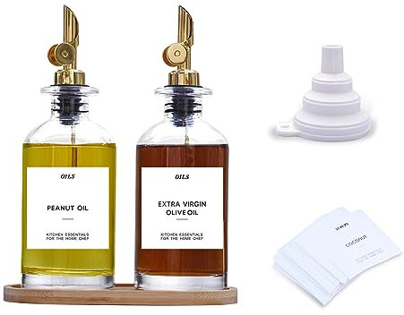 sunal Olive Oil Bottle Dispenser for Kitchen,Oil and Vinegar Dispenser Set with Weighted Pourer,Glass Coffee Syrup Dispenser with Waterproof Label,Funnel and Bamboo Tray(Gold,350ml,2 pack)