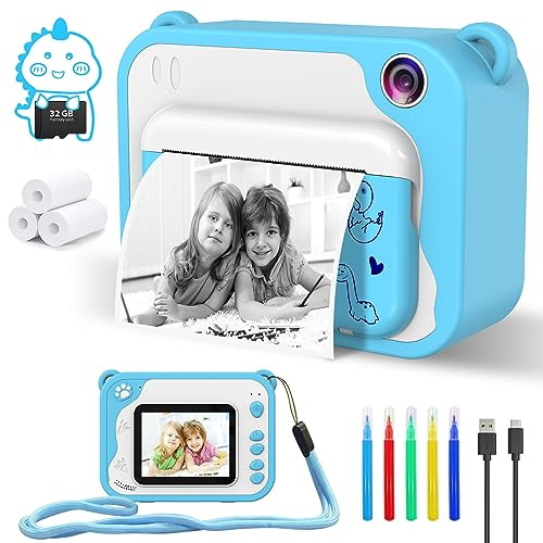 Kinderkamera Sofortbildkamera, 2.4 Zoll Bildschirm Fotoapparat Kinder, Digitalkamera 1080P mit 32G SD Karte,3 Druckpapier, 5 Farben Stift & 1 Lanyard, Geschenk Kamera Spielzeug für Kinder (Blau)