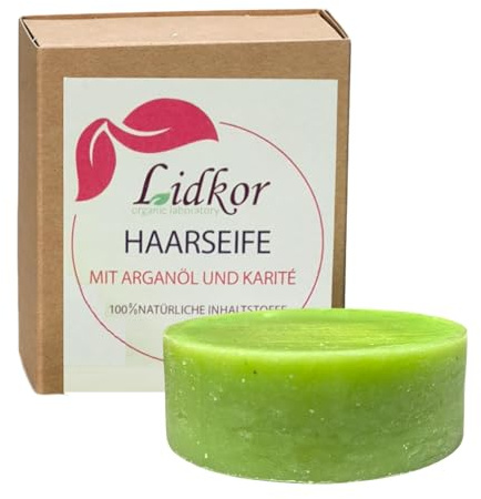 LIDKOR Bio Haarseife mit Arganöl – Pflegt und Stärkt Trockenes Haar – Festes Shampoo - Haarpflege mit Haaröl - Vegane Haarshampoo für Damen und Herren – Handgemachtes Shampoo Wie Seife ohne Palmöl 80g