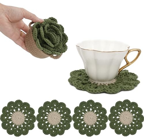 DICHA Lot de 5 dessous de verre en forme de feuille au crochet avec support pour boissons, table basse, bureau, pots de fleurs succulentes