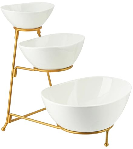CHILDIKE 3 Tier Serving Stand Oval Porcelain Serving Bowls Set, Tiered Serving Dishes Bowl Set for Dessert Appetizer, Chip and Dip Set for Counter Food Display - White and Gold Stand