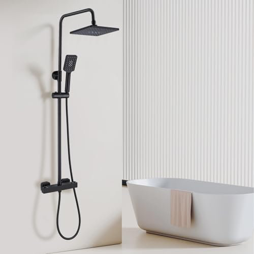 HOZKUY Thermostat Duscharmatur Komplettset | Duschsystem mit Regendusche & Verstellbarer Duschstange (73-110cm) | Duschgarnitur in Schwarz