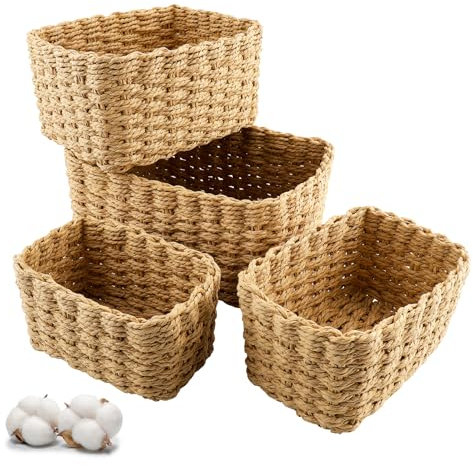 Zosenyer Aufbewahrungskorb Geflochten, 4er Stapelbarer Badezimmer Körbe Aufbewahrung, Storage Basket für Wohnzimmer Küchen Kinderzimmer Bad, Geeignet Als Windel Organizer und Besteckkorb (Coffee)