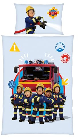 Brandman Sam barnsängkläder | 100 x 135 cm påslakan 40 x 60 cm örngott | Andningsbar bomull | Med dragkedja | brandkår crew pontypandy i blått | presentidé barn