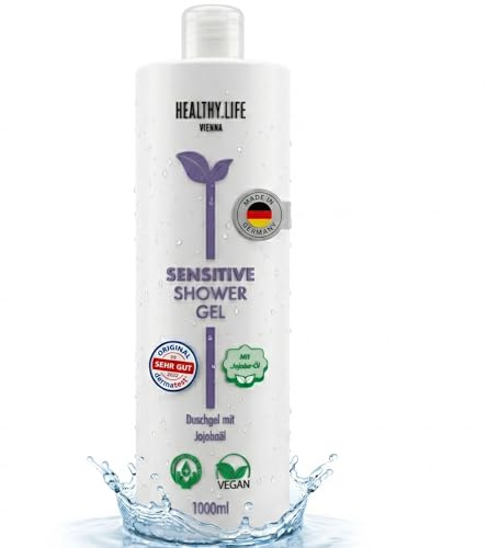 HLV - Gel doccia delicato da 1000 ml con olio di jojoba per pelli sensibili, doccia sensibile mantiene l'umidità e protegge la pelle, garantisce una sensazione morbida sulla pelle senza tensione (gel