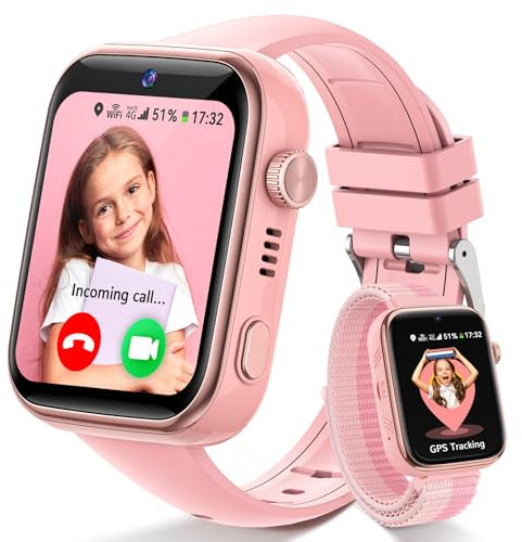 Fitnynxos 4G Reloj Inteligente Niño, Smartwatch Niños con GPS y Llamadas, Videollamada, Localizador, SOS, Modo Clase, Chat, SMS, Whatsapp, WiFi, IP68 Impermeable, SIM, Podómetro, Regalo Niña, Rosa