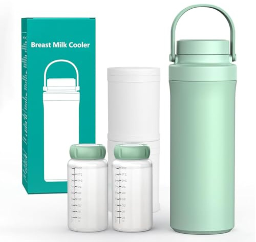Enfriador de leche materna portátil al aire libre (600 ml), enfriador de leche materna de viaje grande para biberones con 2 biberones para almacenar leche materna, refrigeración las 24 horas sin BPA
