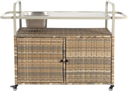 Grillwagen BBQ Beistelltisch, Barwagen mit Eiskübel mit Edelstahlplatte, Küchenwagen aus Korbgeflecht mit Schränken, Garten Outdoor Servierwagen mit 4 Rädern,B