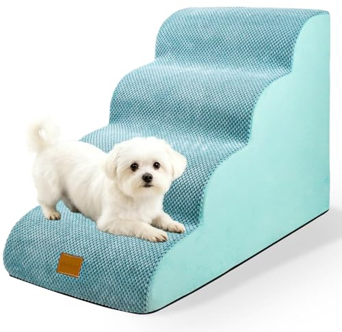 necvha Dog Steps for Bed, Premium 4-Step Dog Stairs, Non-Slip Pet Steps Ladder for Sofa, High Density Foam Pet Ramp with Removable Washable Plush Cover, 40x72x50cm, Blue