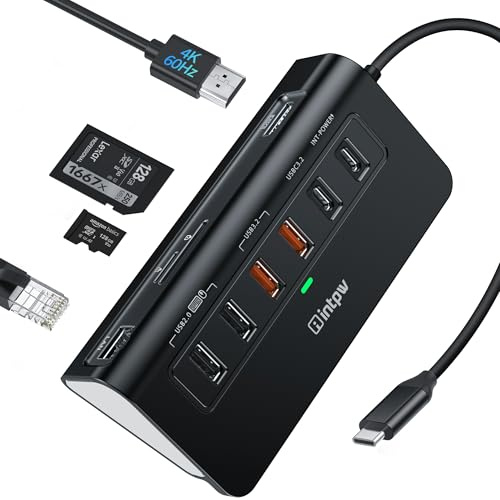 intpw USB C Hub Ethernet, 10-in-1 Docking Station USB C 10Gbps with 4K@60Hz HDMI, Type-C & 2 Type-A 3.2, 2 USB-A 2.0, PD 100W, SD/TF, Aluminum USB Hub for Laptop, iPhone 16/15 Series, MacBook Air/Pro