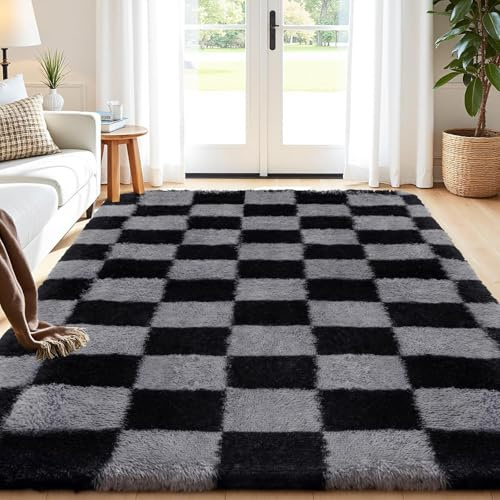 Enyhom Hochflor Teppich Wohnzimmer Flauschig Waschbar Anti Rutsch Teppich Weich Moderner Kariert Teppiche für Schlafzimmer Kinderzimmer - 160x230 cm, Schwarz & Grau