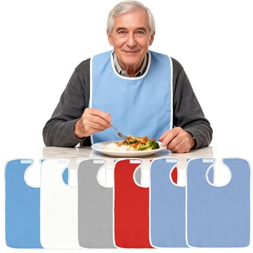 GOEDCH Lot de 6 bavoirs pour adultes : réutilisables, anti-taches, unisexes, protection de vêtements avec fermeture pour personnes âgées et handicapées, facile à nettoyer, bavoir adulte pour personnes