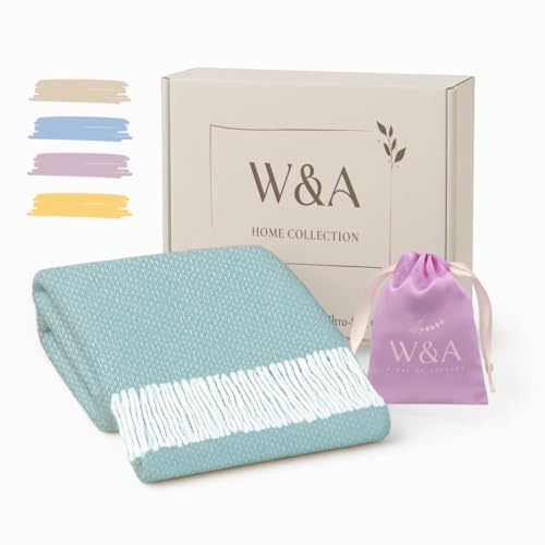 W&A Plaid en Coton Bouclé, Jeté de Canapé Décoratif, 130 x 170 cm, avec Boîte Cadeau et Sachet de Lavande Française (Vert d`Eau)