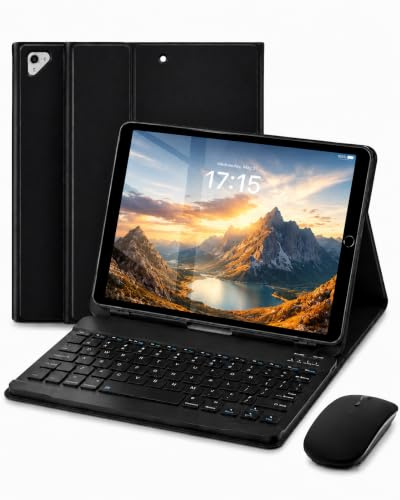 MAYPHY Custodia con tastiera per iPad 9.7 con mouse, per 6a generazione 2018/5a generazione 2017, custodia rimovibile per tastiera wireless con portamatite, tastiera con custodia per iPad Air 2/1